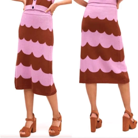 Kate Spade Knit Scallop Stripe Pattern Purple Pink & Rusty Brown MIDI Skirt XS - Picture 1 of 10